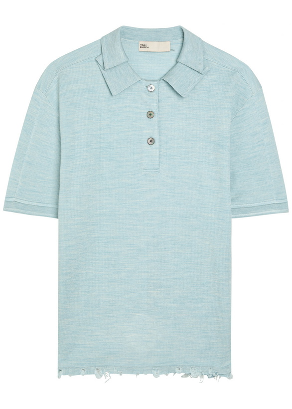 Photo: Tory Burch Distressed Silk-blend Polo top Light Blue