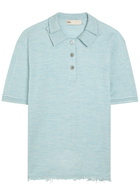 Tory Burch Distressed Silk-blend Polo top Light Blue