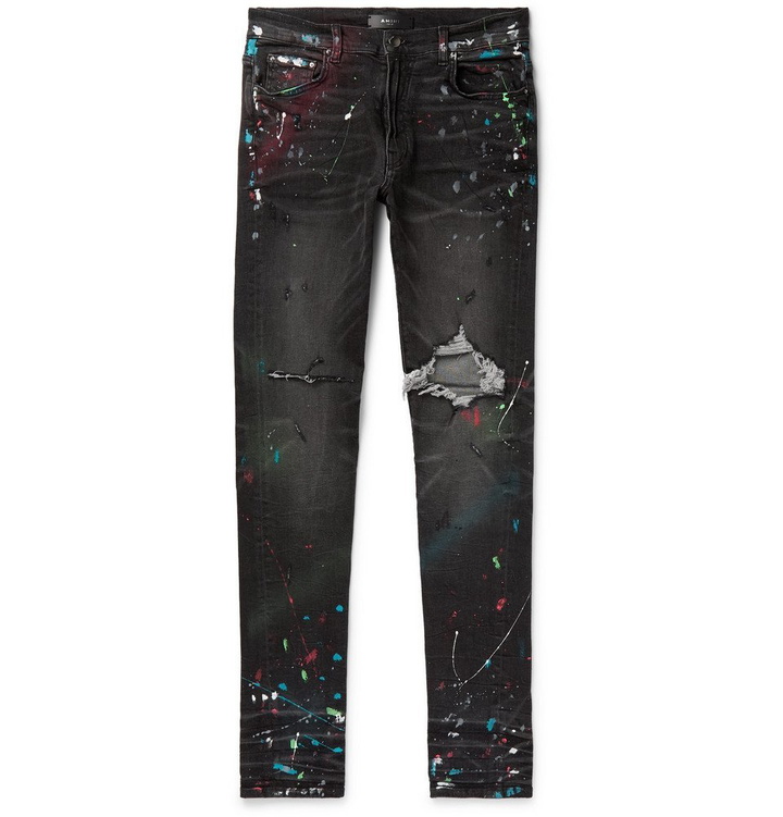 Photo: AMIRI - Skinny-Fit Distressed Paint-Splattered Stretch-Denim Jeans - Dark gray