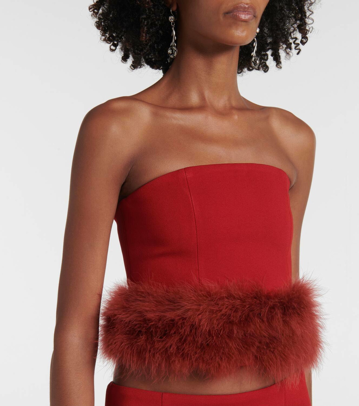 Blumarine Feather-trimmed crêpe crop top