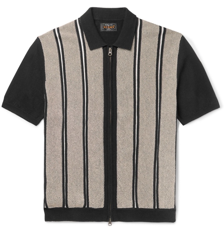 Photo: Beams Plus - Slim-Fit Striped Cotton and Linen-Blend Zip-Up Polo Shirt - Black