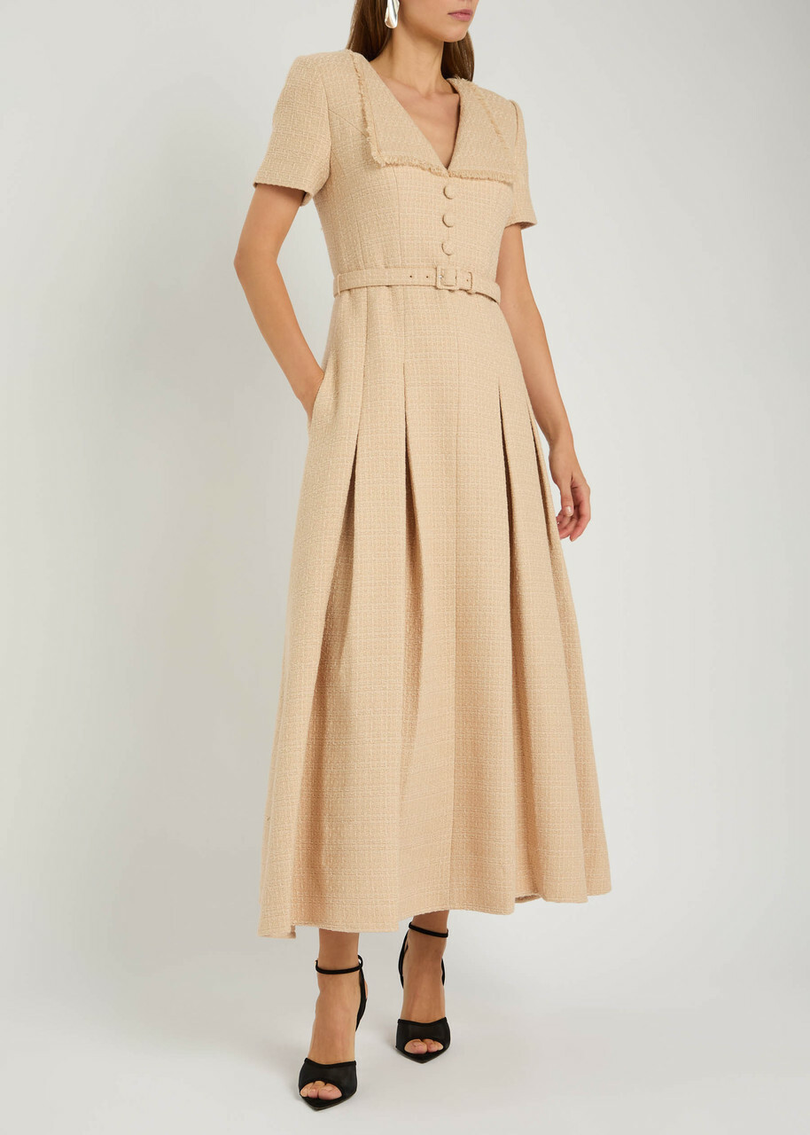 Roland Mouret Belted Bouclé Maxi Dress Cream