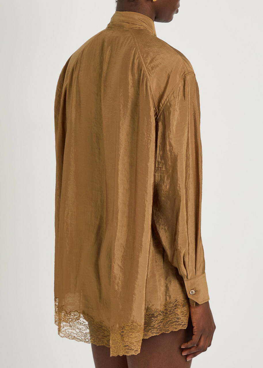 Saint Laurent Lace-trim Brushed Satin Playsuit Caramel