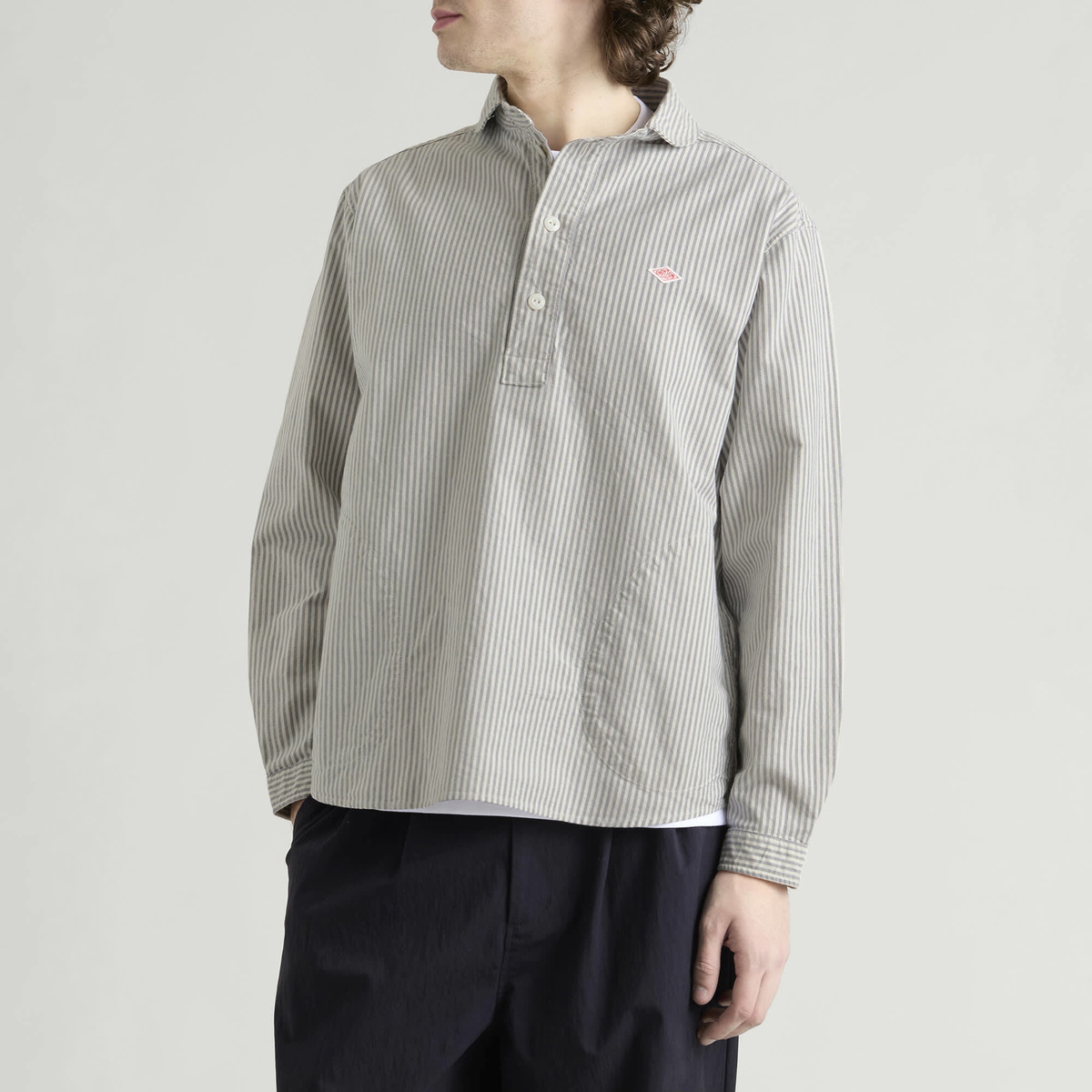 Danton Men's Round Collar Pop Over Shirt in Navy/Ecru Stripe