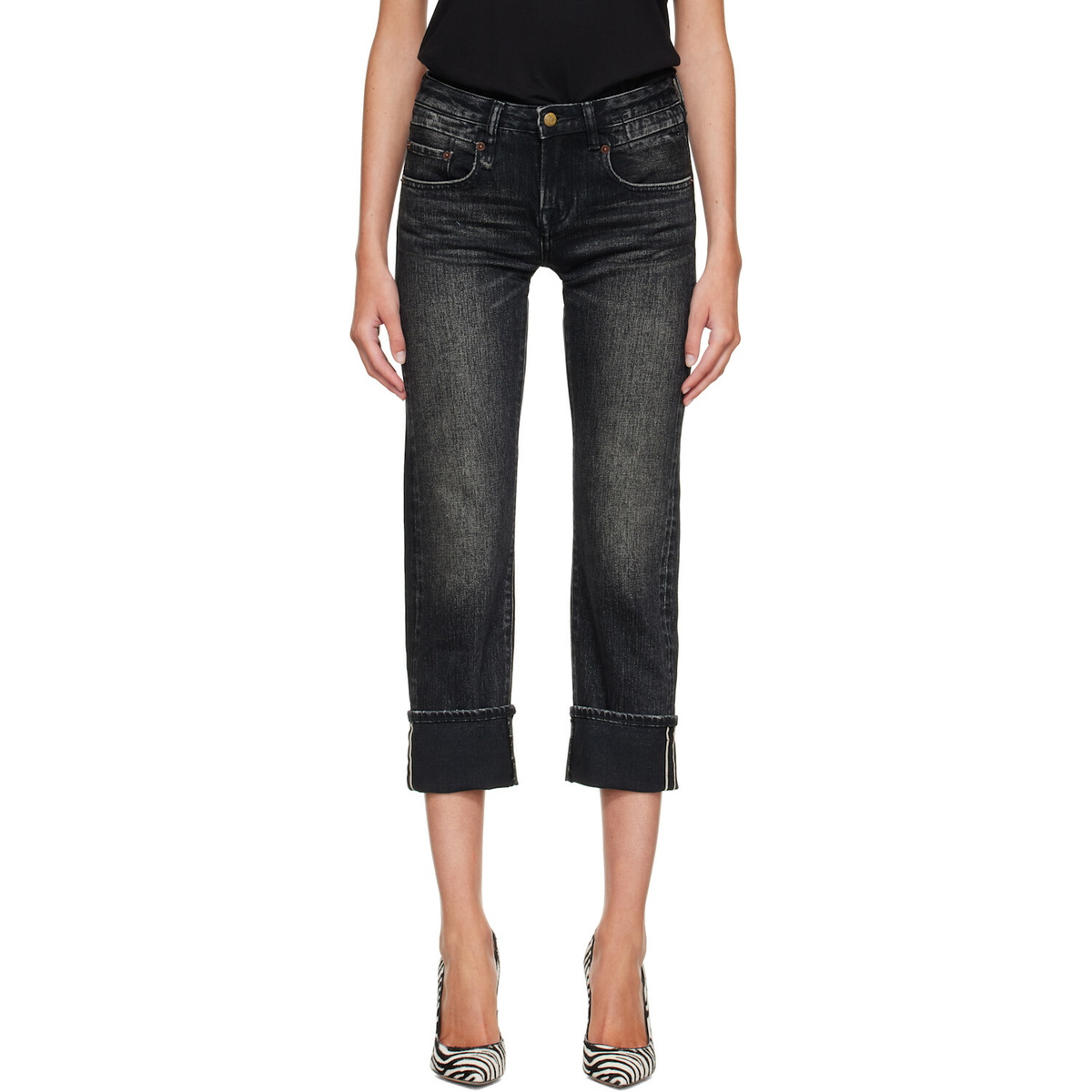 R13 Black Cuffed Boy Straight Jeans