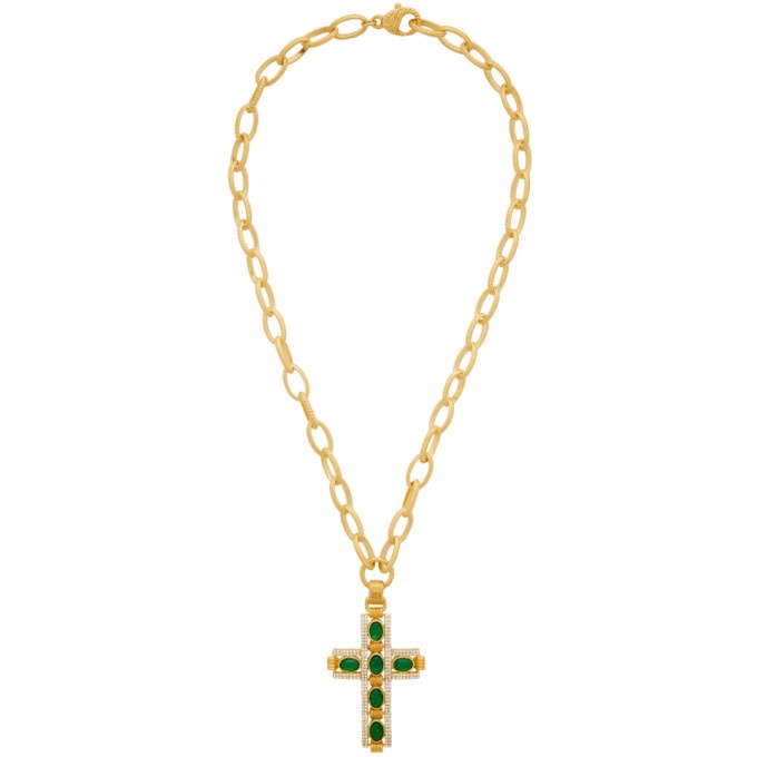 Photo: Gucci Gold and Green Cabochan Stone Cross Necklace