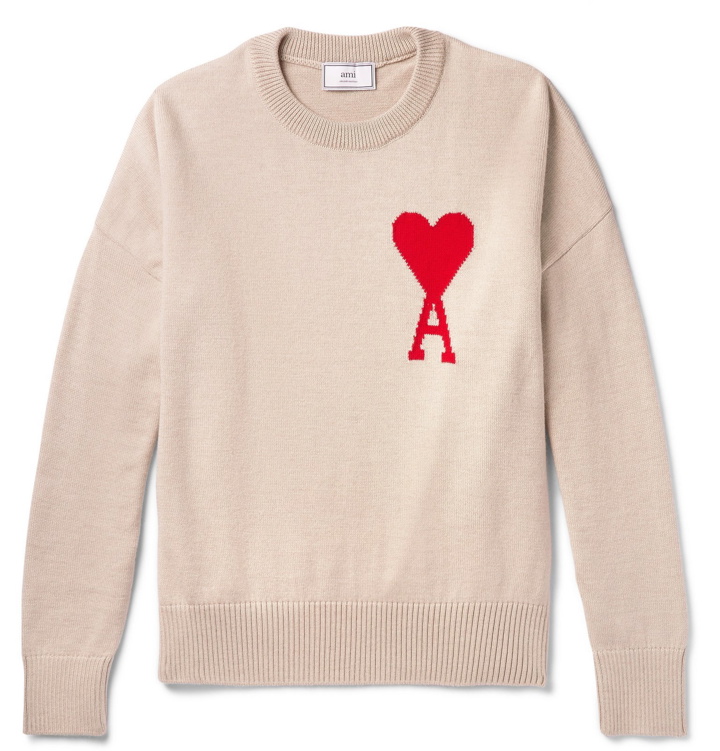 Photo: AMI - Logo-Intarsia Merino Wool Sweater - Neutrals