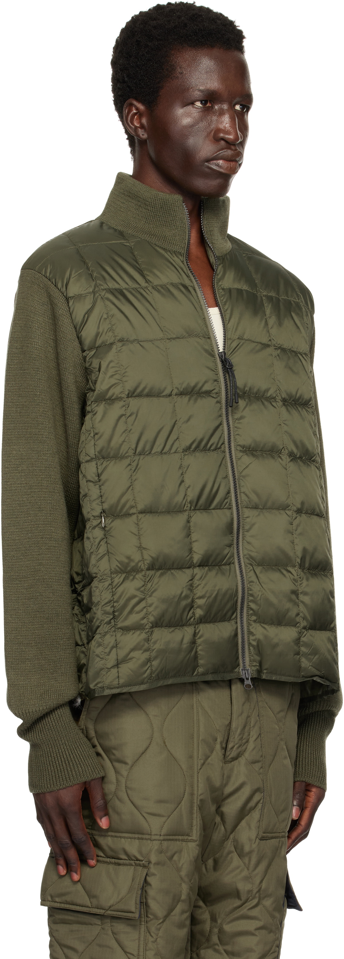 TAION Khaki Basic High Neck W Zip Knit Sleeve Down Jacket TAION Khaki Basic High Neck W Zip Knit Sleeve Down Jacket