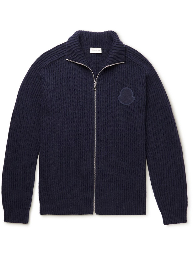 Photo: Moncler - Logo-Appliquéd Ribbed Cashmere and Wool-Blend Zip-Up Cardigan - Blue