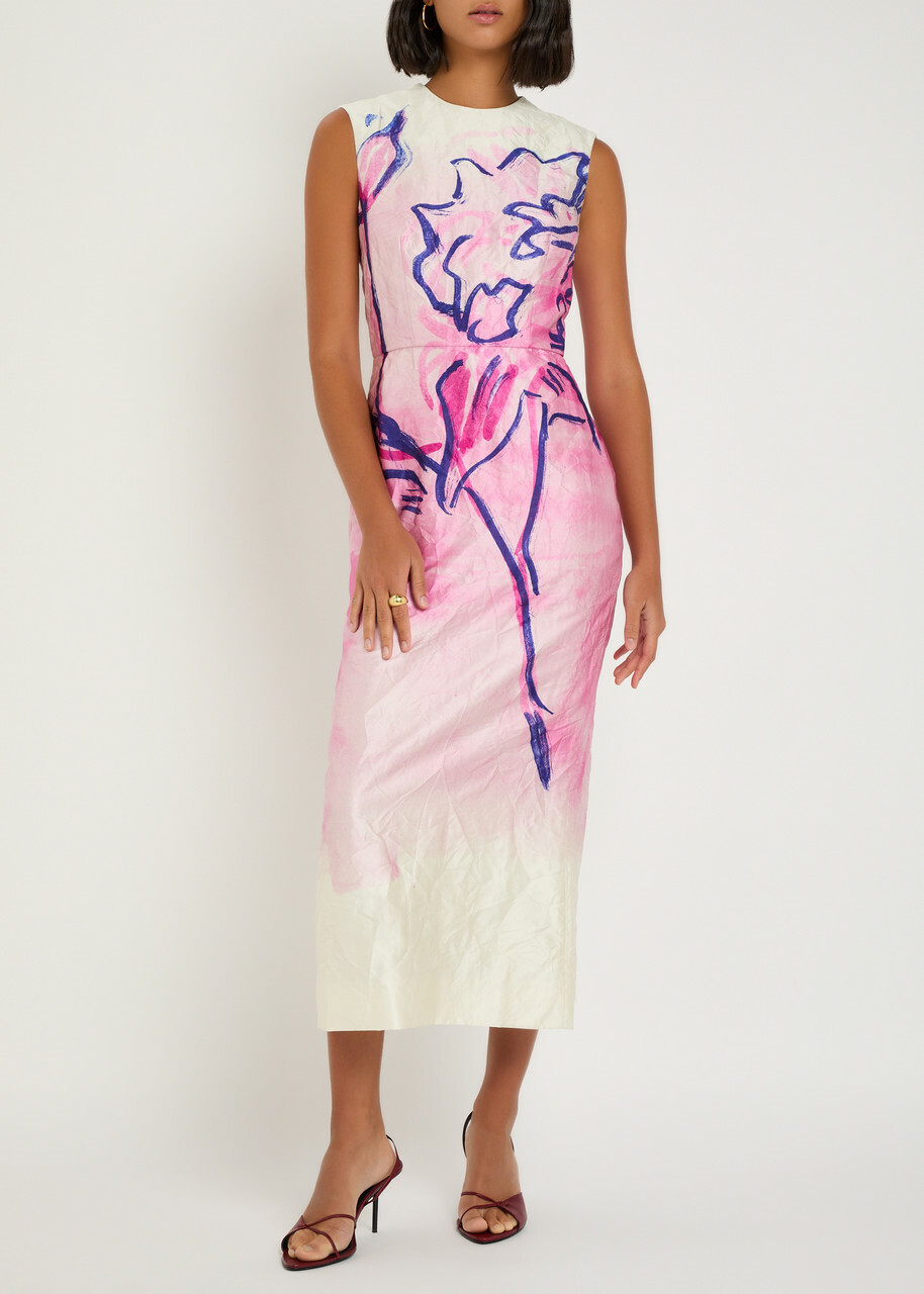 Erdem Printed Crinkled Satin Midi Dress Multi Print