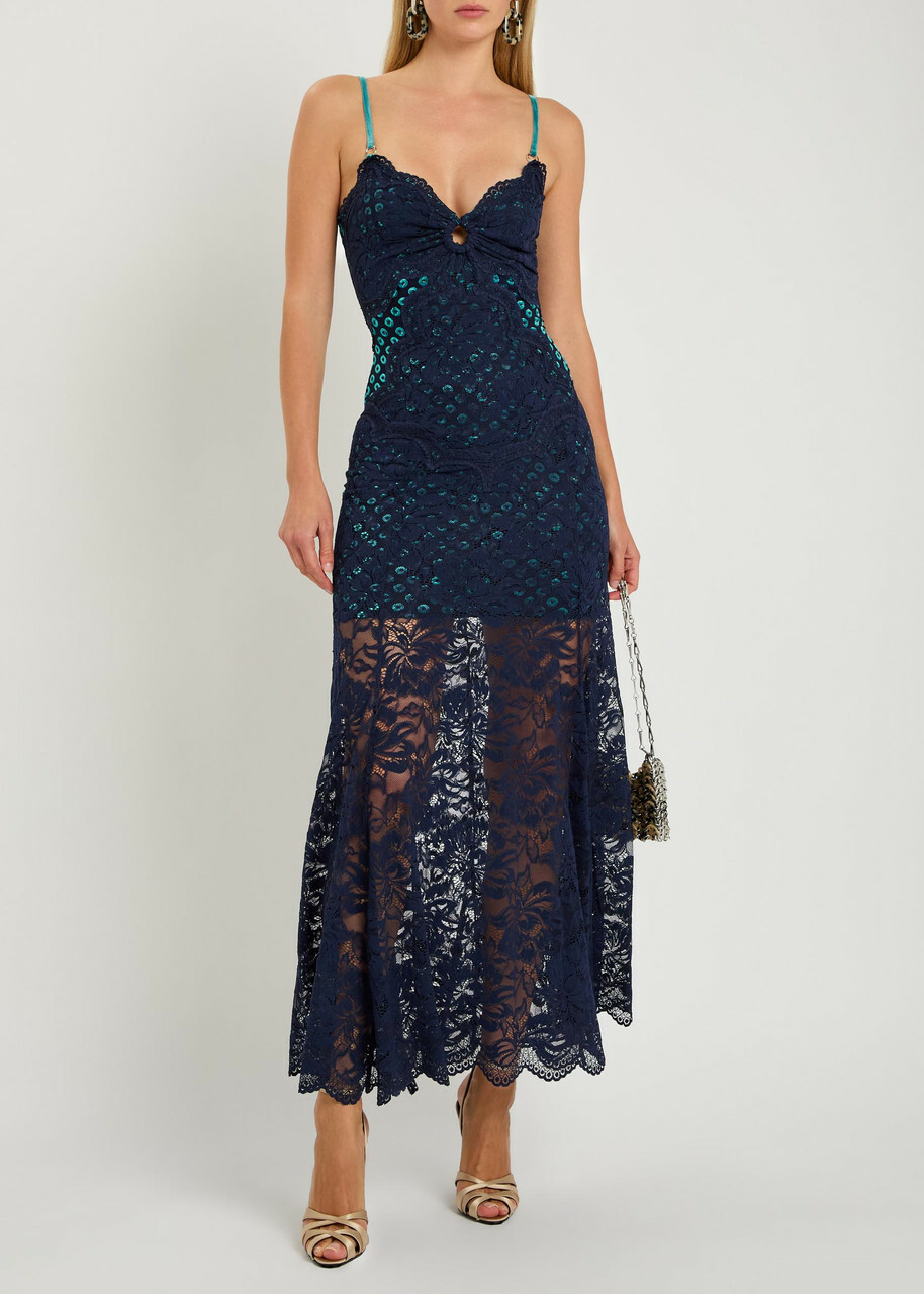 Rabanne Eyelet-devoré Lace Maxi Dress Navy