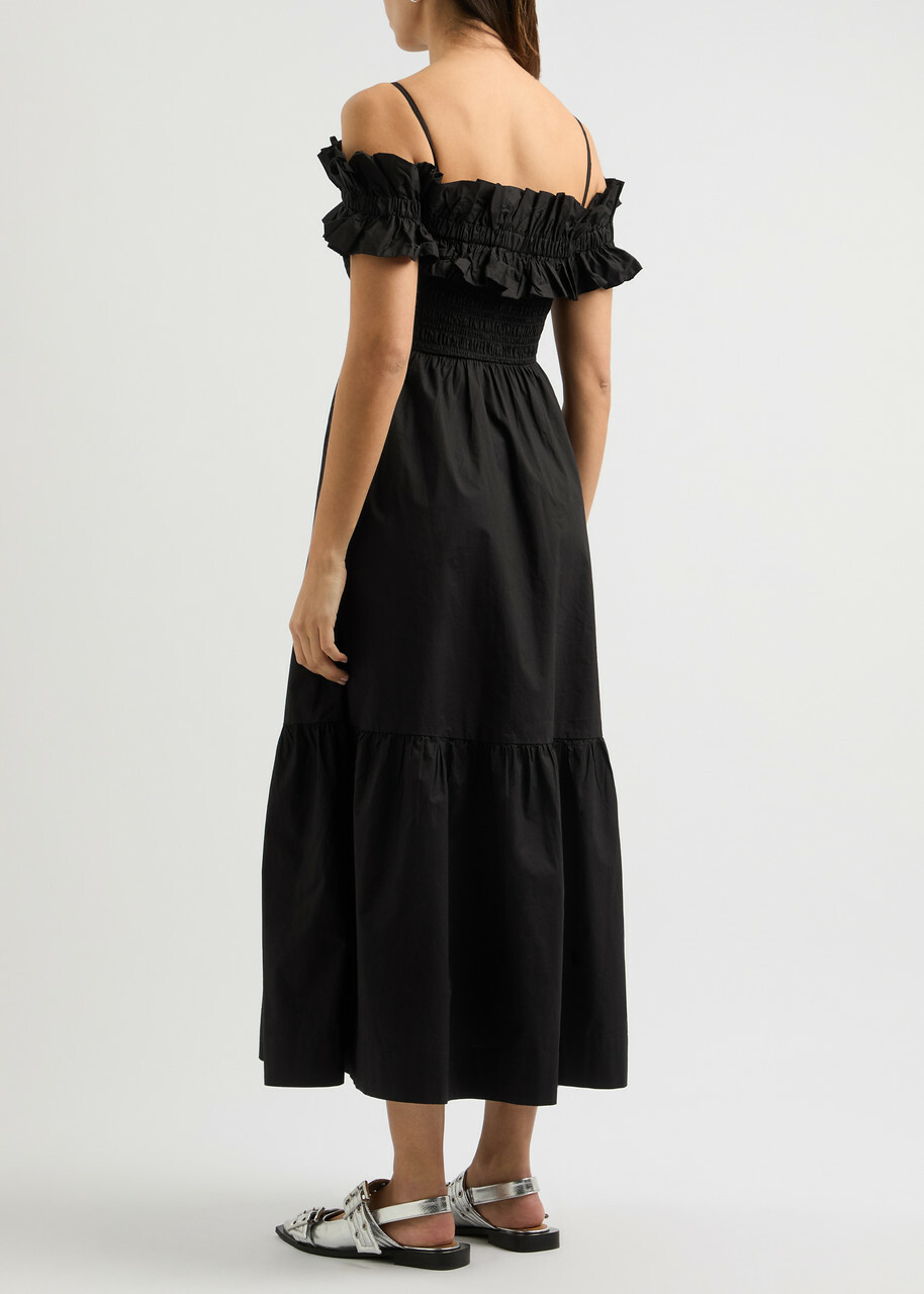 Ganni Ruffled Cotton-poplin Midi Dress Black GANNI