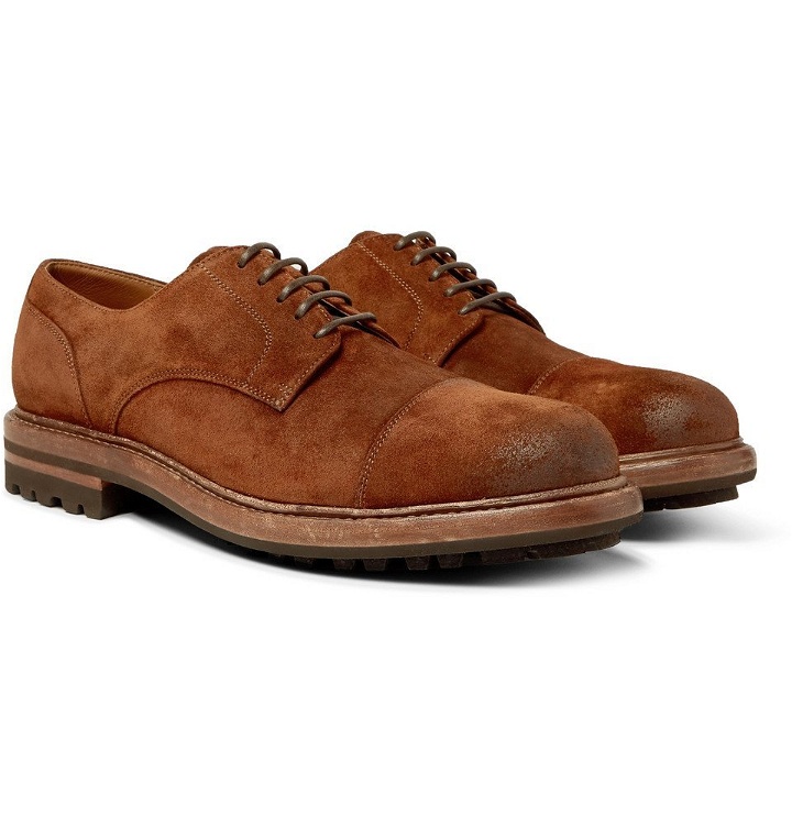 Photo: Brunello Cucinelli - Cap-Toe Burnished-Suede Derby Shoes - Brown