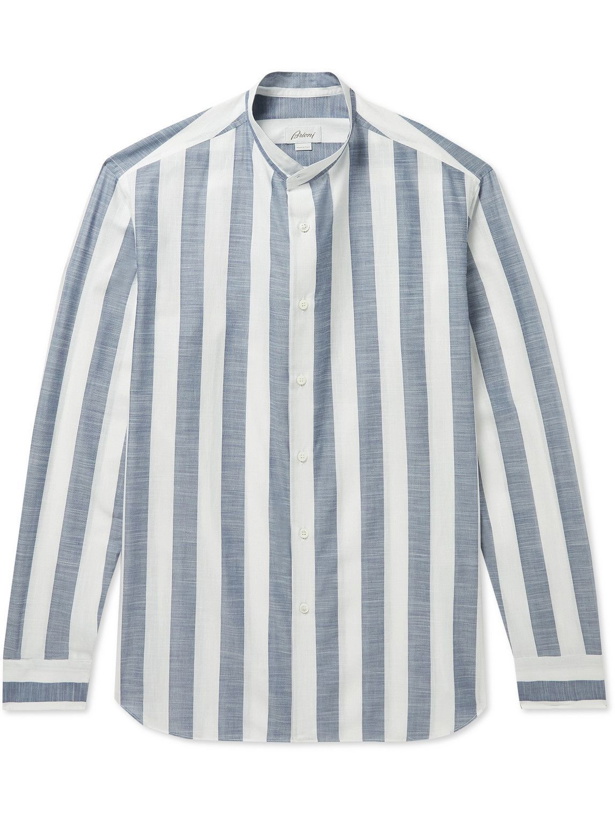 Photo: Brioni - Grandad-Collar Striped Cotton Oxford Shirt - Blue