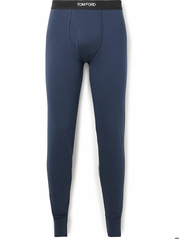 Photo: TOM FORD - Grosgrain-Trimmed Stretch-Cotton Jersey Long Johns - Blue