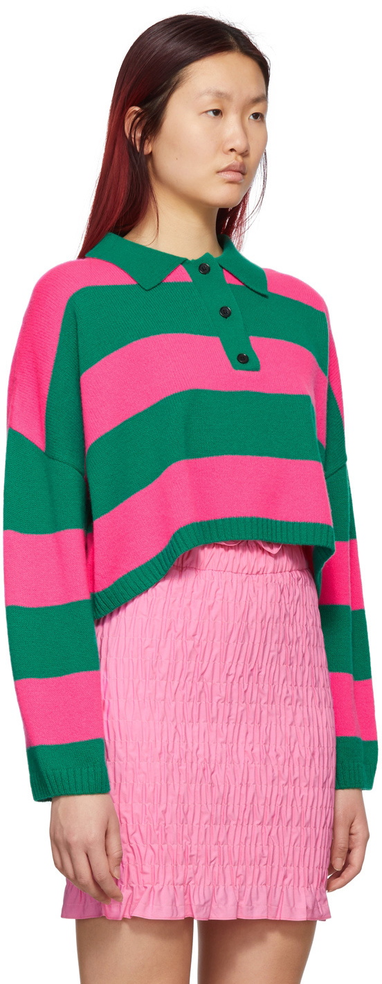 MSGM Pink & Green Striped Rugby Long Sleeve Polo MSGM