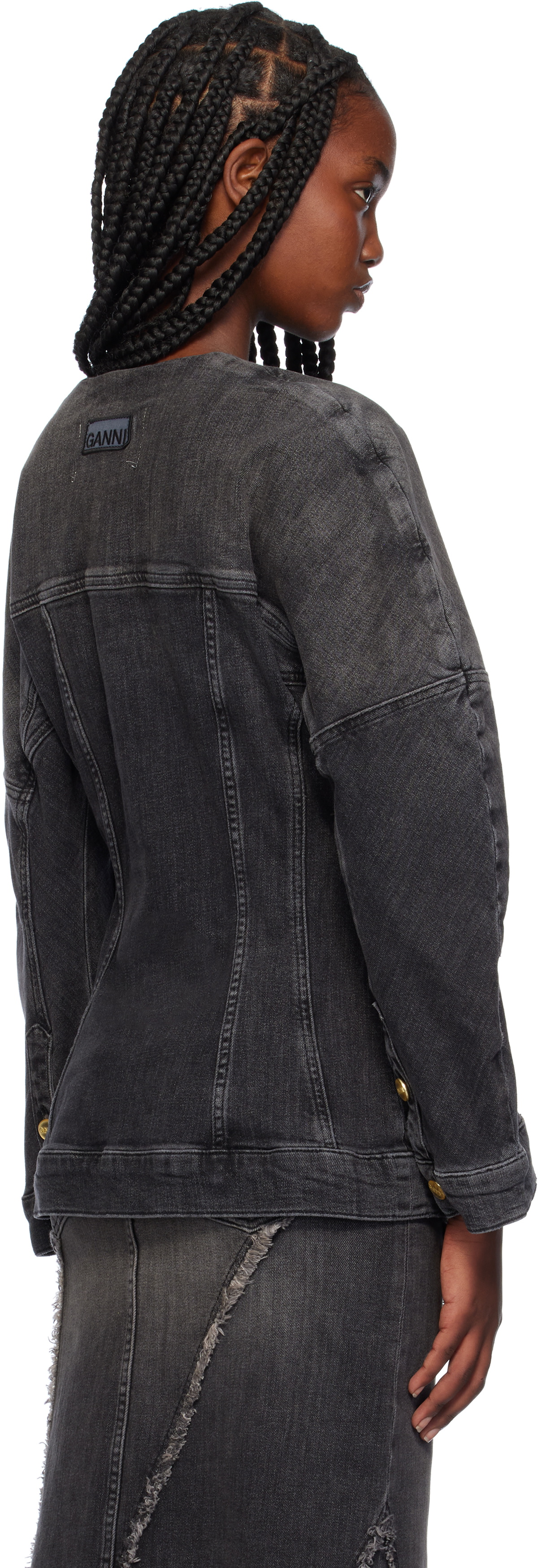 GANNI Black Collarless Denim Jacket GANNI