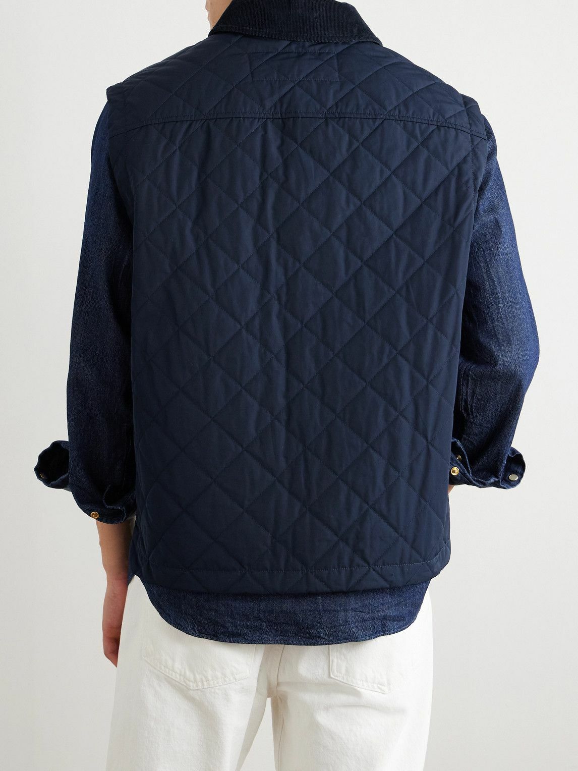 Purdey - Corduroy-Trimmed Quilted Shell Down Gilet - Blue