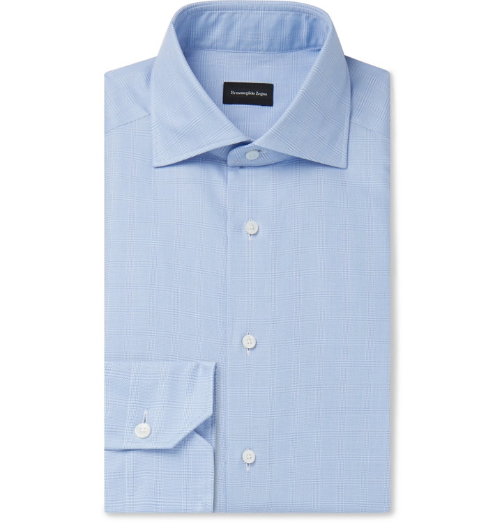 Photo: Ermenegildo Zegna - Light-Blue Cutaway-Collar Checked Cotton Shirt - Blue
