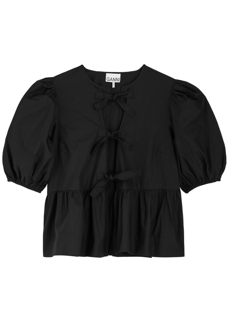 Ganni Tie-front Cotton-poplin Blouse Black
