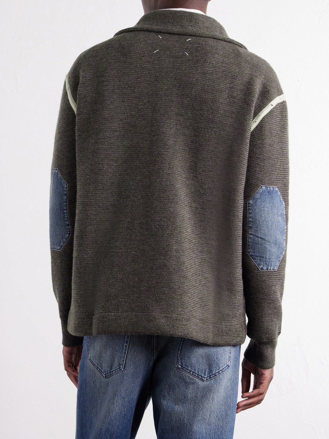 Maison Margiela - Distressed Denim-Trimmed Wool Half-Zip Sweater - Brown