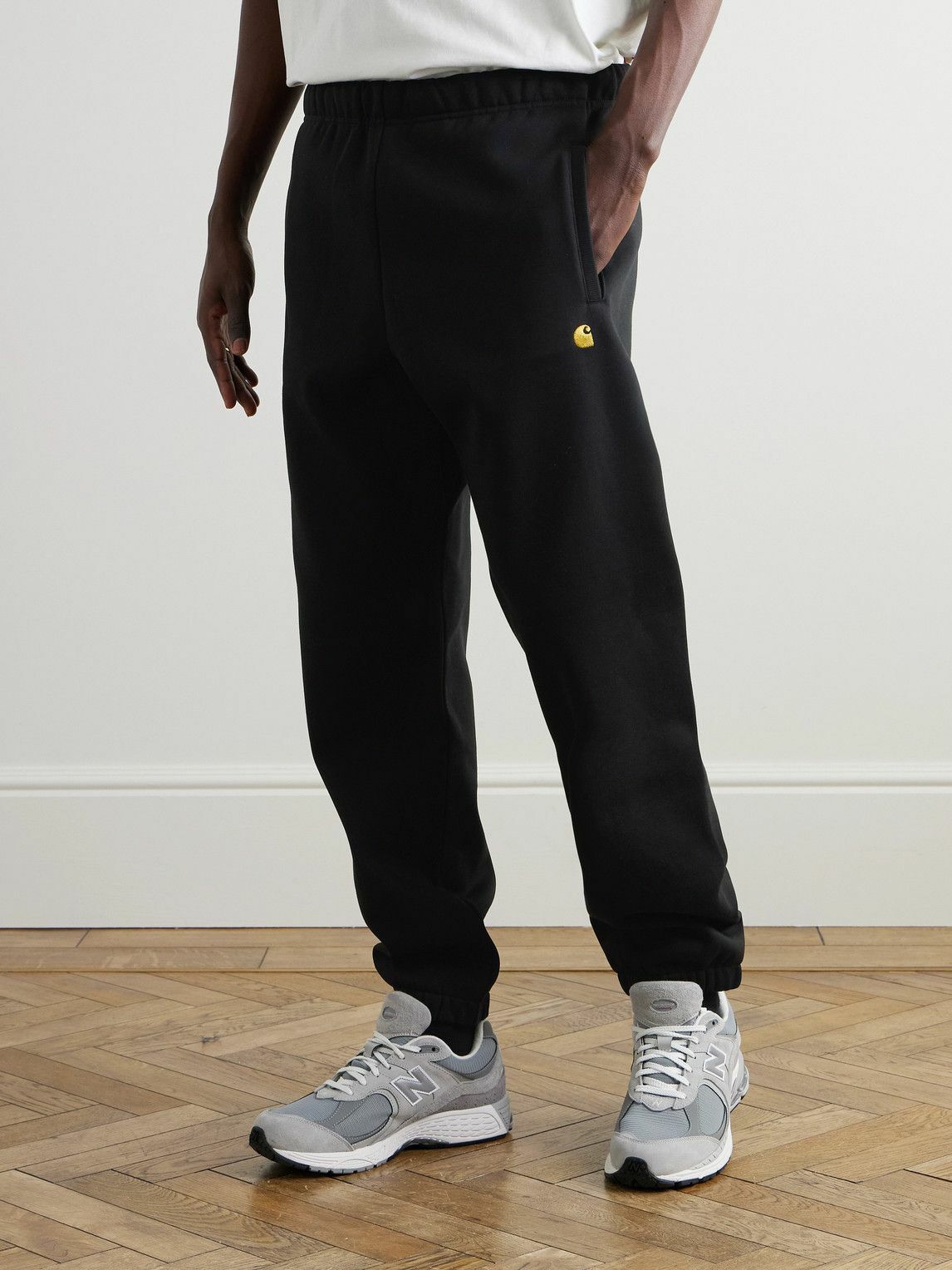 Carhartt WIP - Chase Tapered Logo-Embroidered Cotton-Blend Jersey Sweatpants - Black