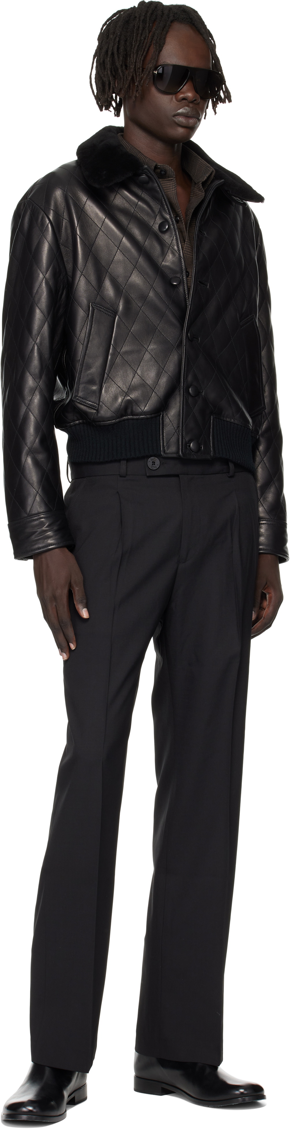 Ernest W. Baker Black Quilted Leather Bomber Jacket