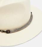 Brunello Cucinelli Leather-trimmed straw fedora hat