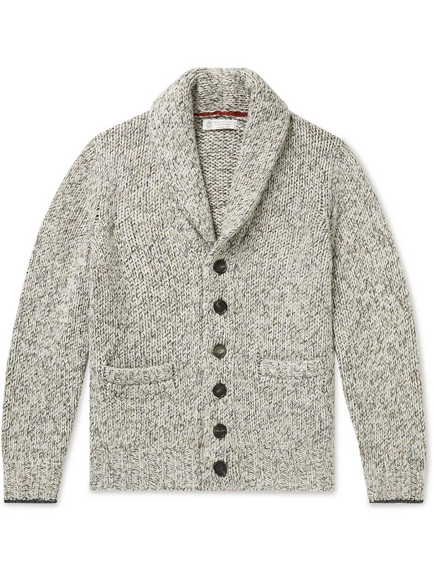 Photo: Brunello Cucinelli - Shawl-Collar Virgin Wool, Cashmere and Silk-Blend Cardigan - Gray
