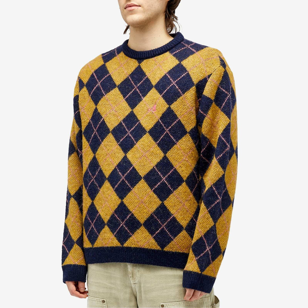 Awake NY Men's Argyle Mohair Crew Knit in Brown Multi Awake NY