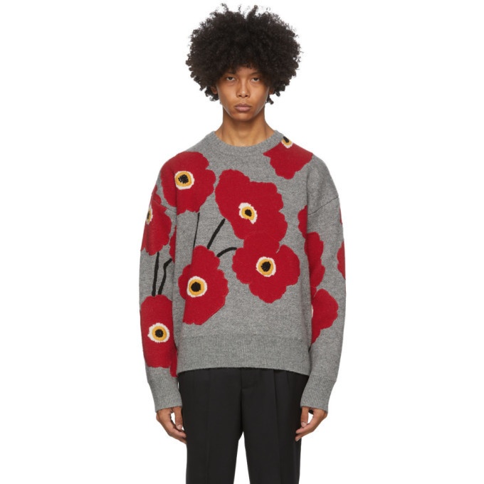 Photo: AMI Alexandre Mattiussi Grey and Red Jacquard Flowers Sweater