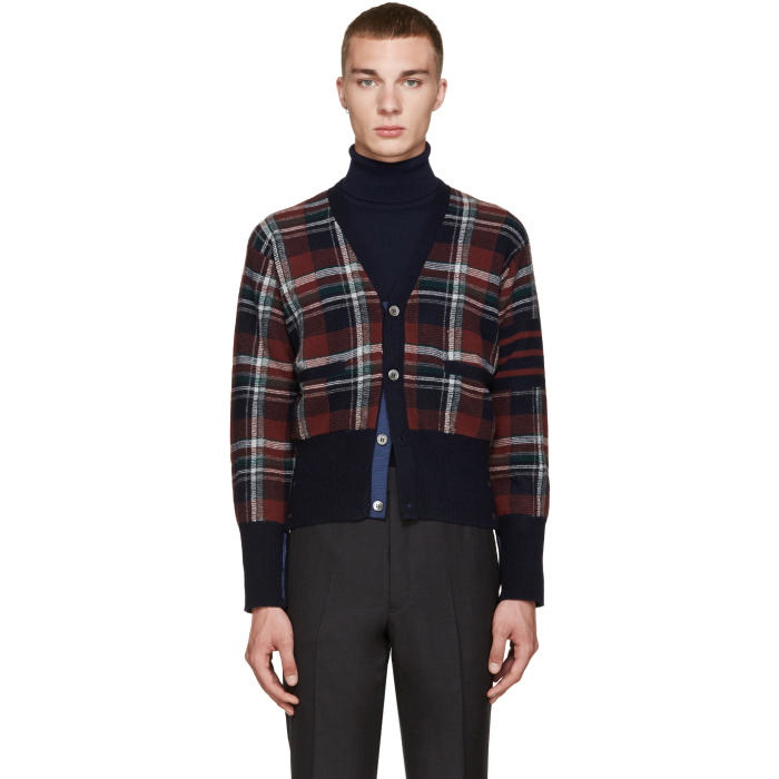 Photo: Thom Browne Navy Wool Plaid Cardigan