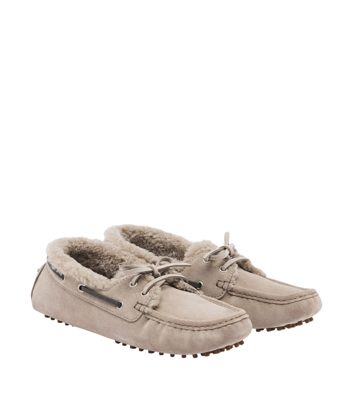 Photo: Brunello Cucinelli Monili shearling-lined suede boat shoes