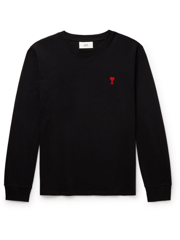 Photo: AMI PARIS - Logo-Embroidered Cotton-Jersey T-Shirt - Black