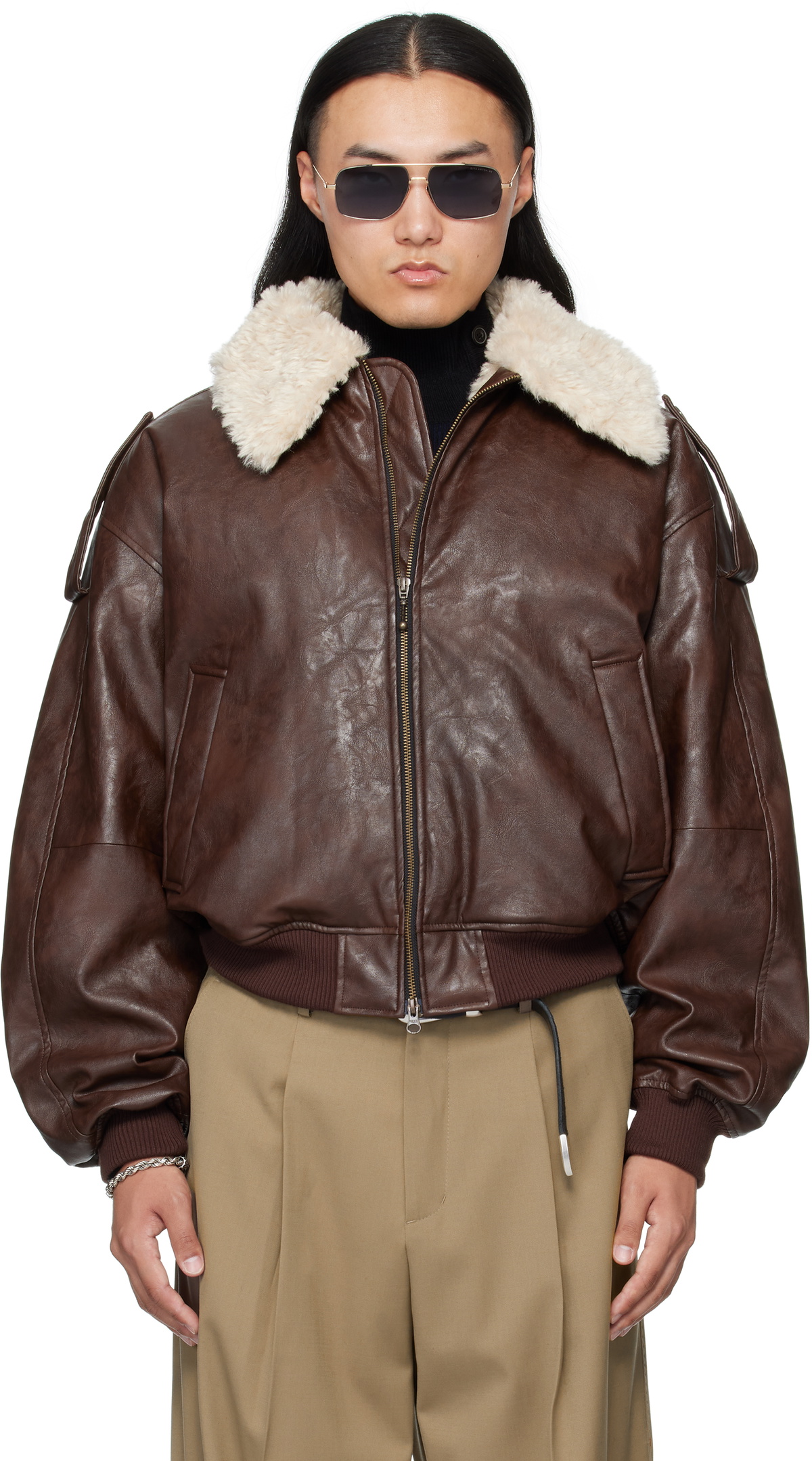 MMIC Brown Pilot Faux-Leather Jacket
