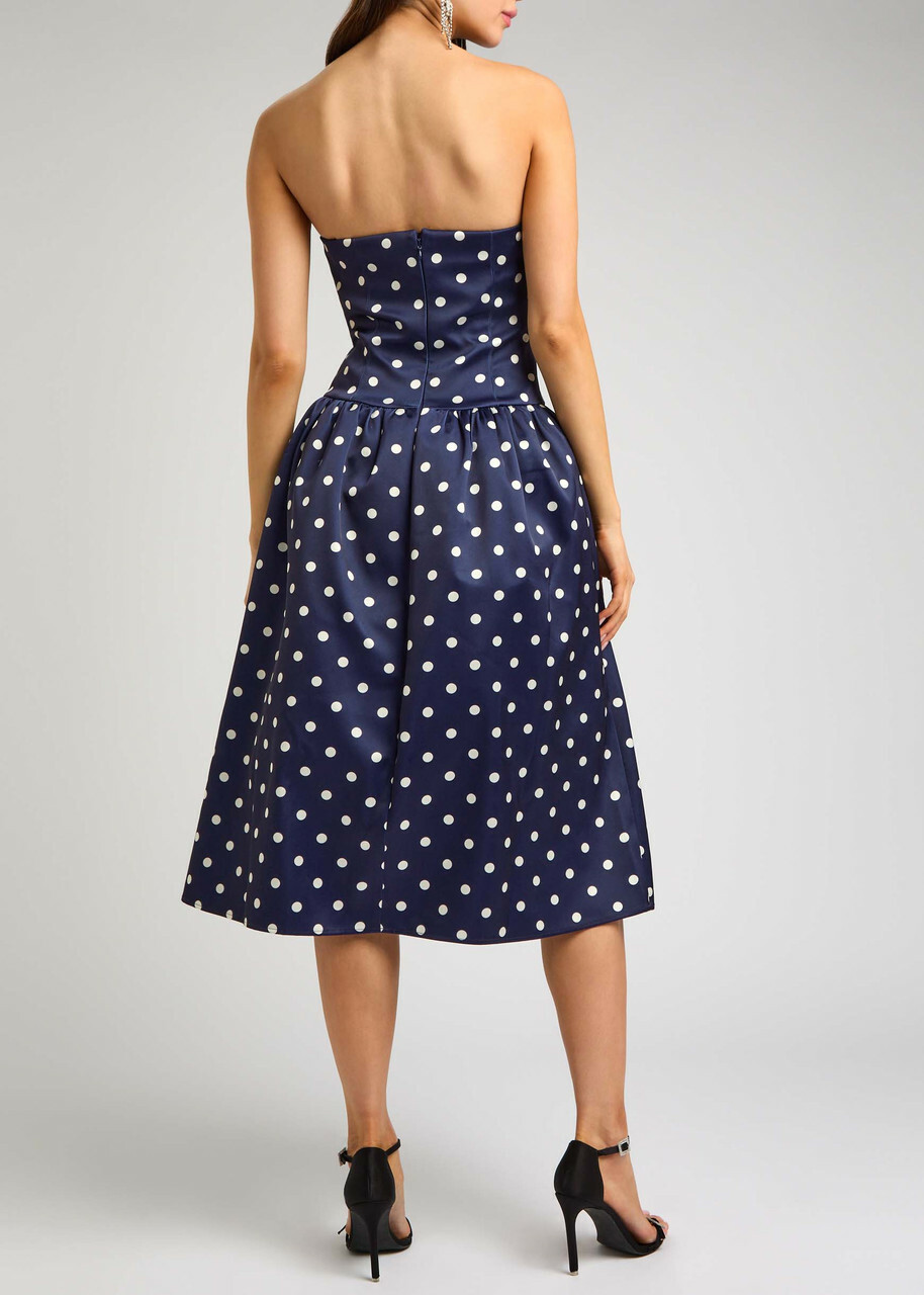 Self-portrait Polka dot Strapless Satin Midi Dress Navy
