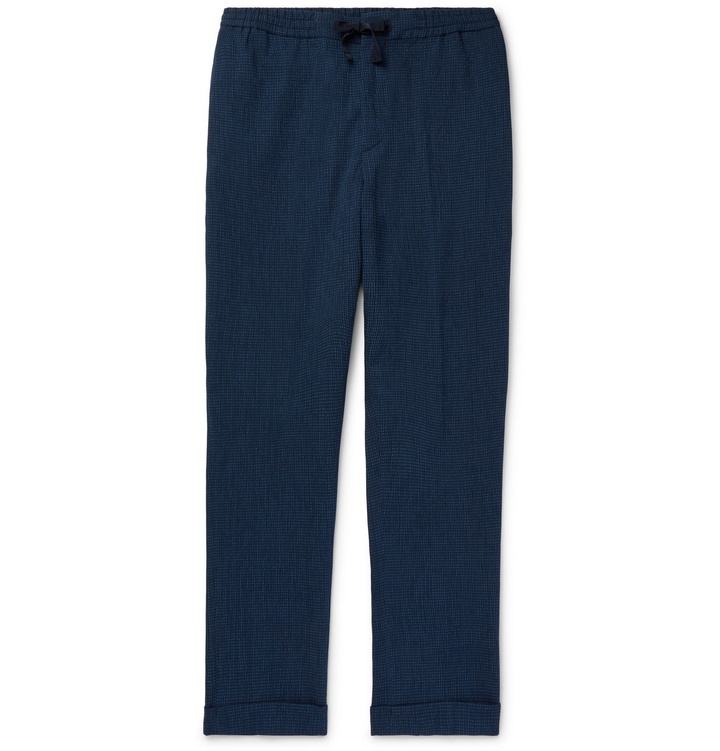 Photo: Officine Generale - Phil Checked Cotton-Blend Seersucker Drawstring Trousers - Blue