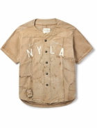 Greg Lauren - Frayed Appliquéd Embroidered Distressed Cotton-Canvas Shirt - Brown