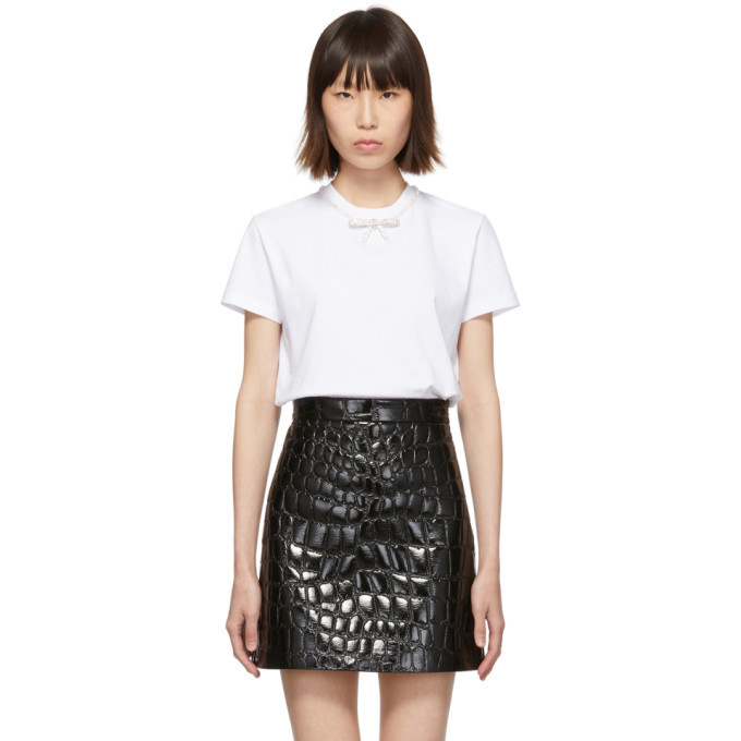 MIU MIU ボウタイ付き Tシャツ 半袖 ホワイト ◇MiuMiu 23AW 最新作◇リボン付き コットン Tシャツ /White