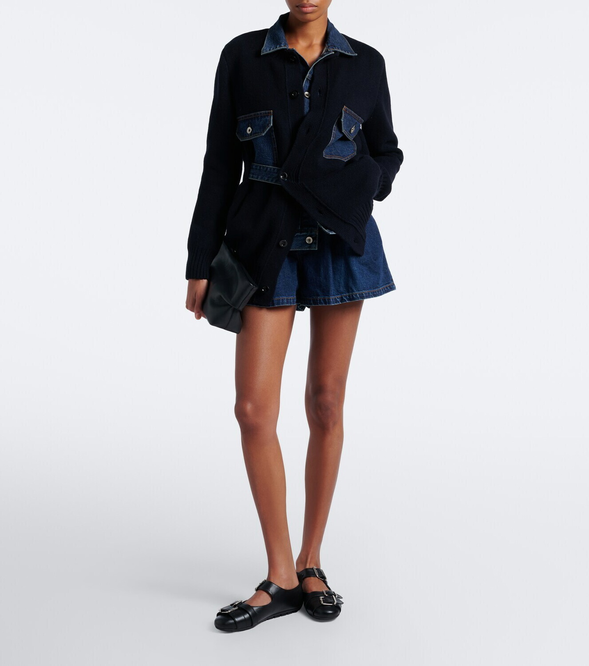Sacai Layered wool-blend and denim cardigan