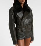 Alex Perry Shearling-trimmed cropped leather biker jacket