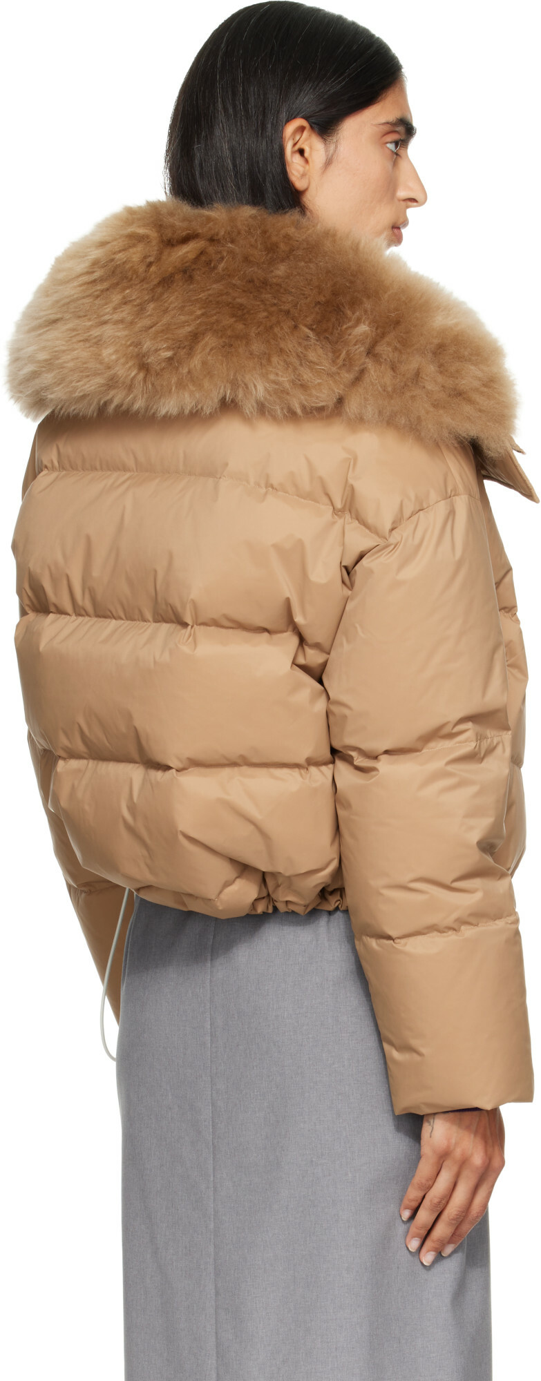 Yves Salomon Beige Waterproof Technical Lambswool Trim Short Down Jacket