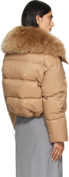 Yves Salomon Beige Waterproof Technical Lambswool Trim Short Down Jacket