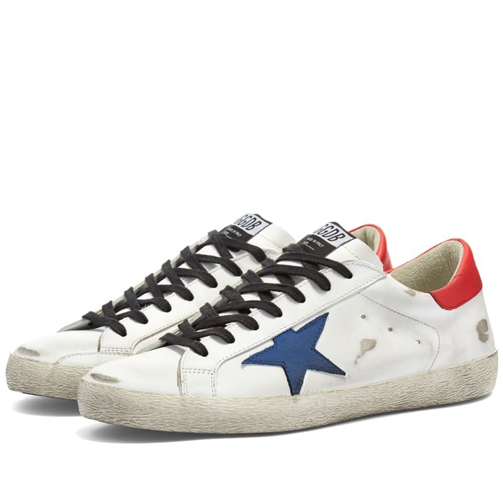 Photo: Golden Goose Men's Superstar Leather Sneakers in White/Bluette/Red