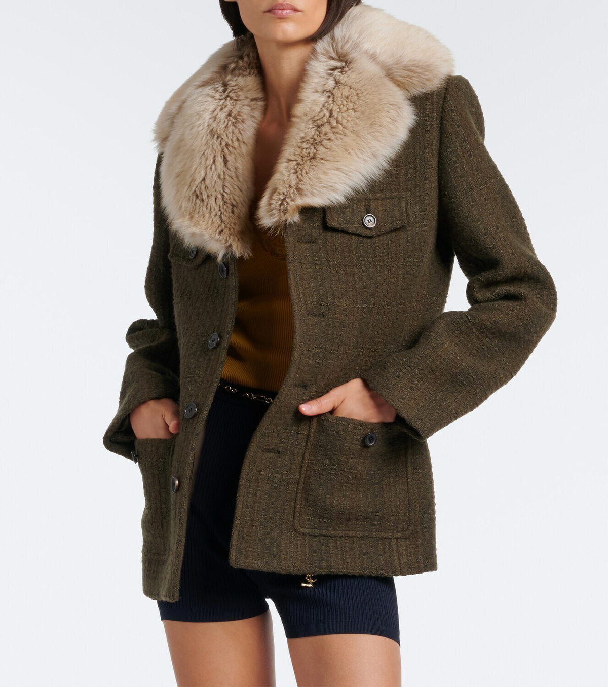 Saint Laurent Shearling-trimmed wool-blend tweed jacket