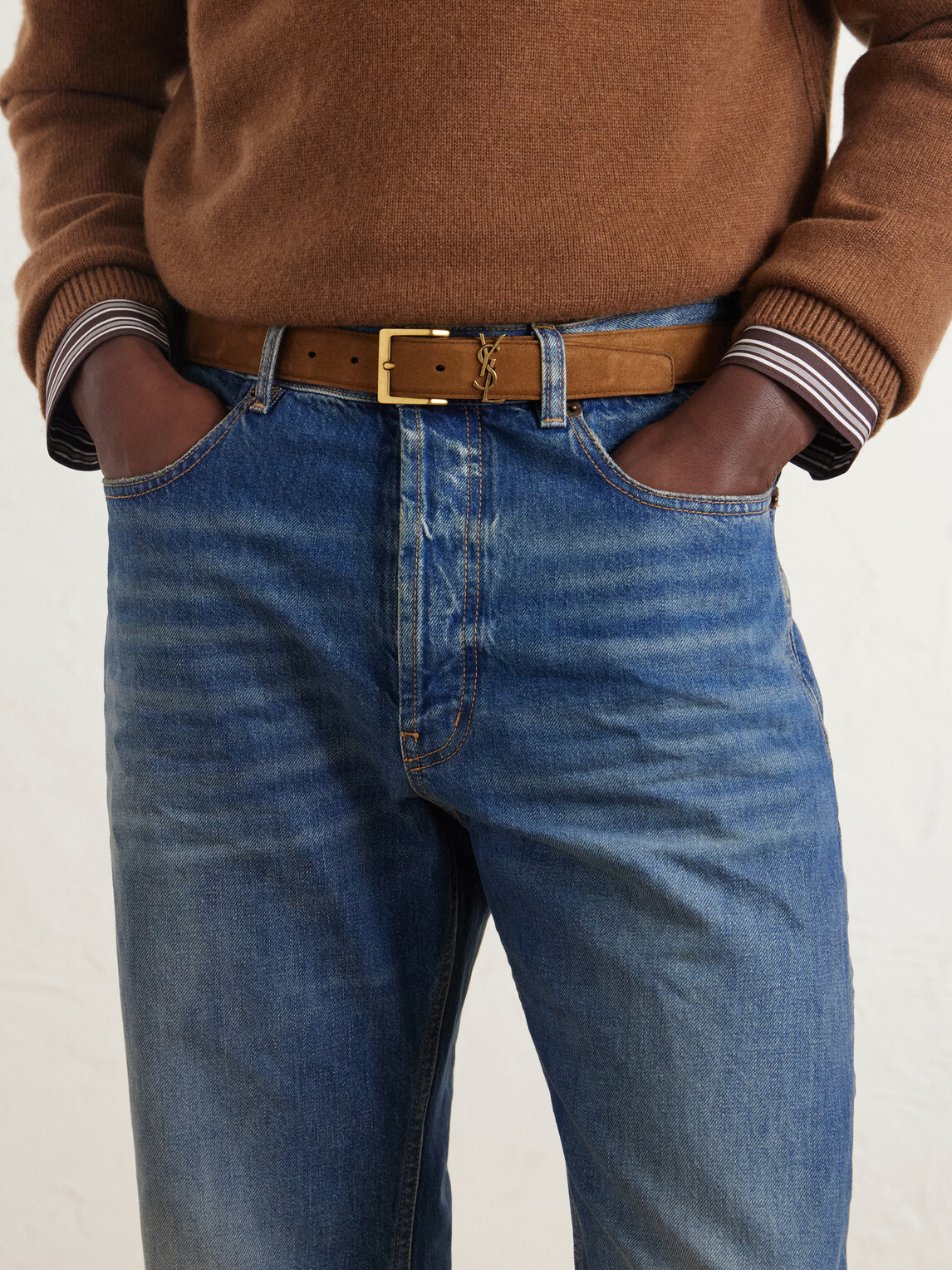 SAINT LAURENT - 3 cm Logo-Embellished Suede Belt - Brown