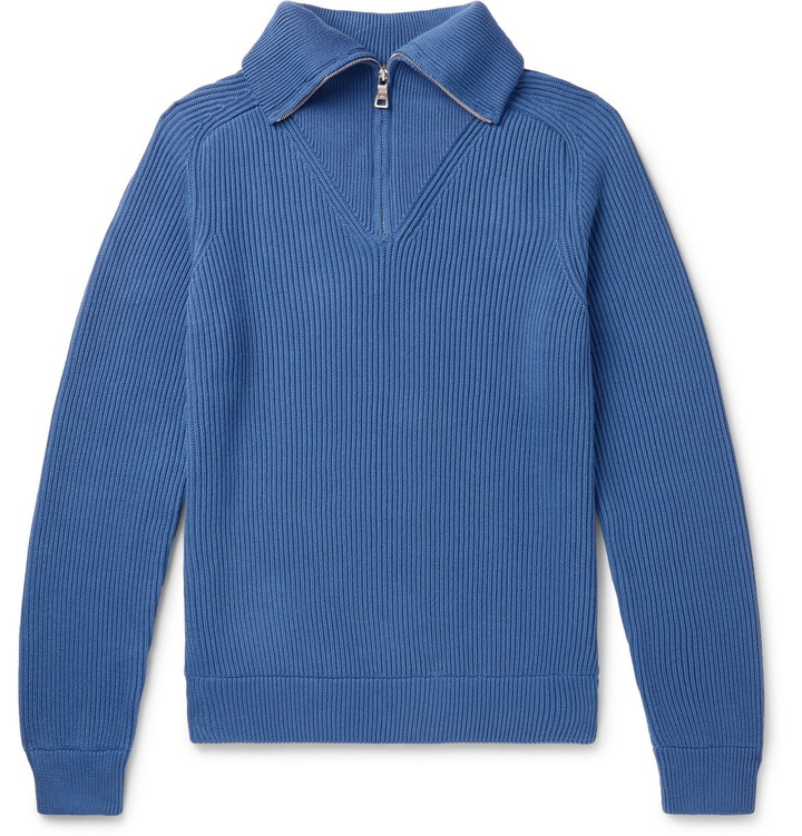 Photo: Mr P. - Ribbed Cotton Half-Zip Sweater - Blue