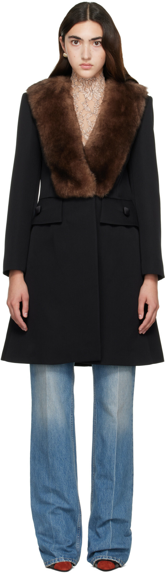 Valentino Black Shearling Collar Coat