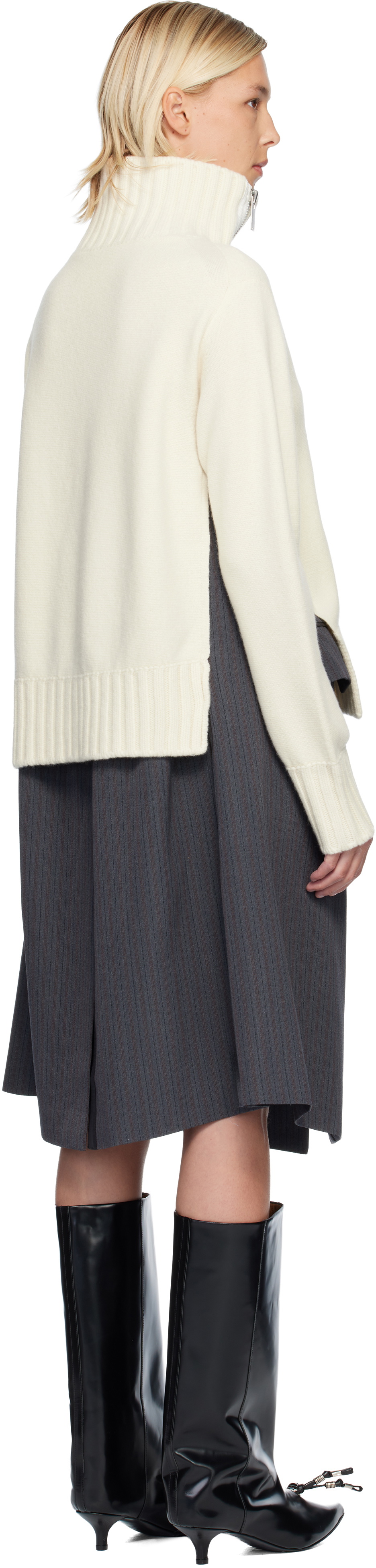 sacai Off-White Stripe Doeskin & Wool Knit Midi Dress