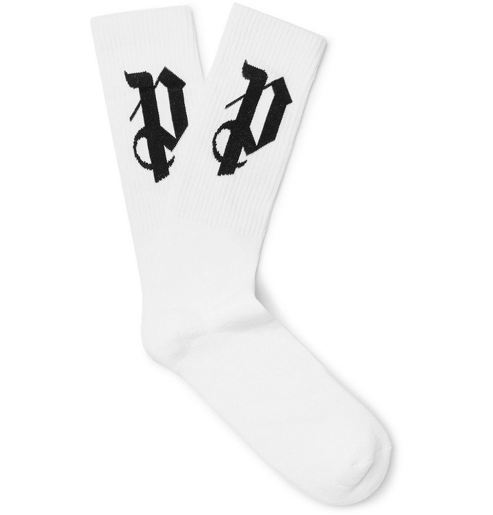 Photo: Palm Angels - Logo-Intarsia Stretch Cotton-Blend Socks - Men - White